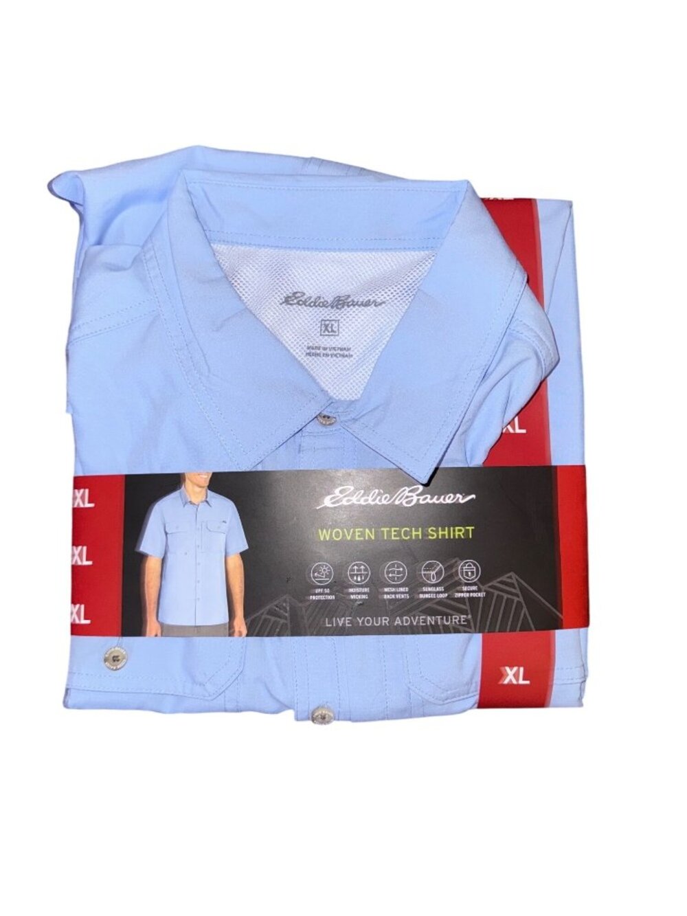 Eddie Bauer Mens Woven Tech Shirt XL Chicory Blue Short Sleeve Button-Up